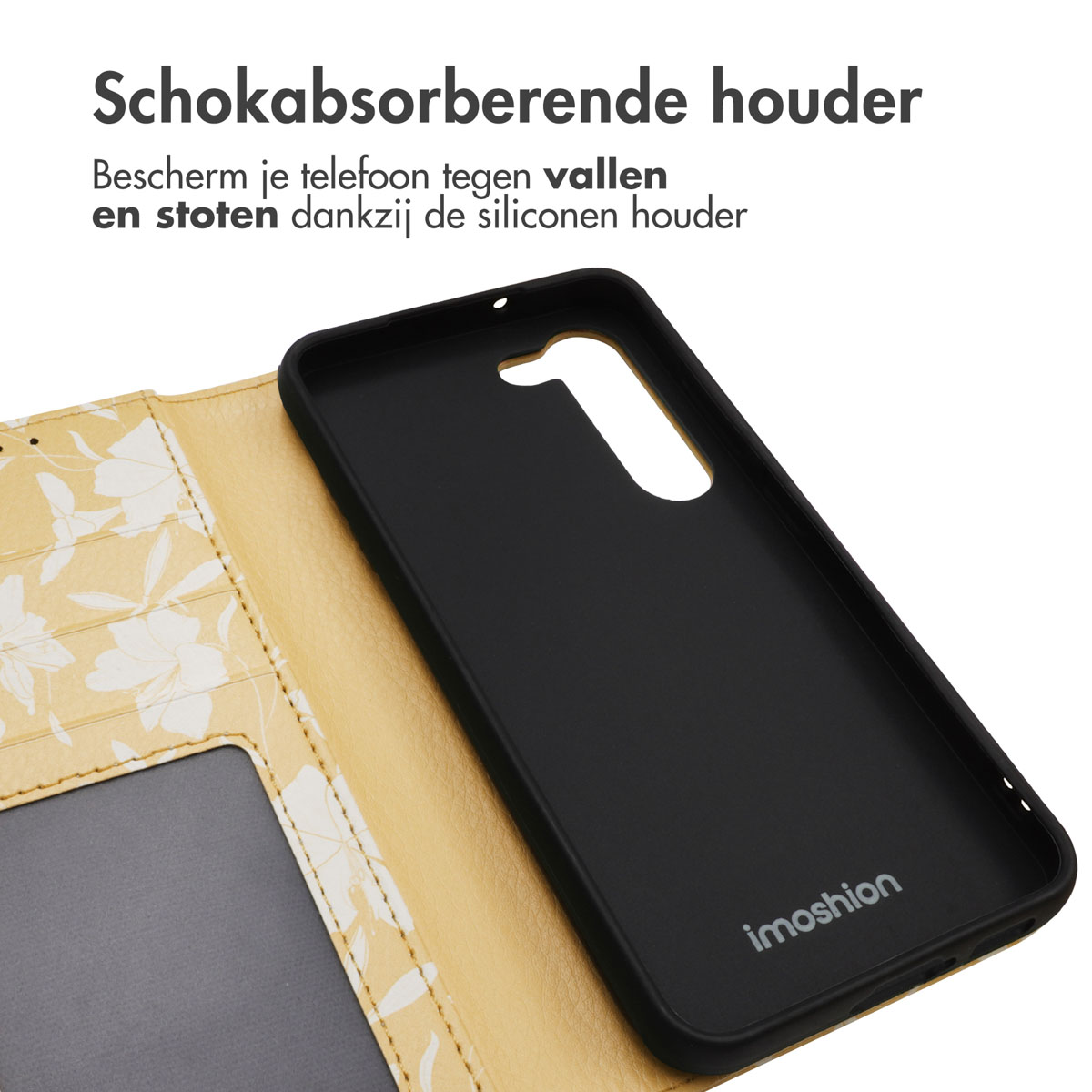 Étui de téléphone ouvert avec motif floral à gauche et support noir à droite.