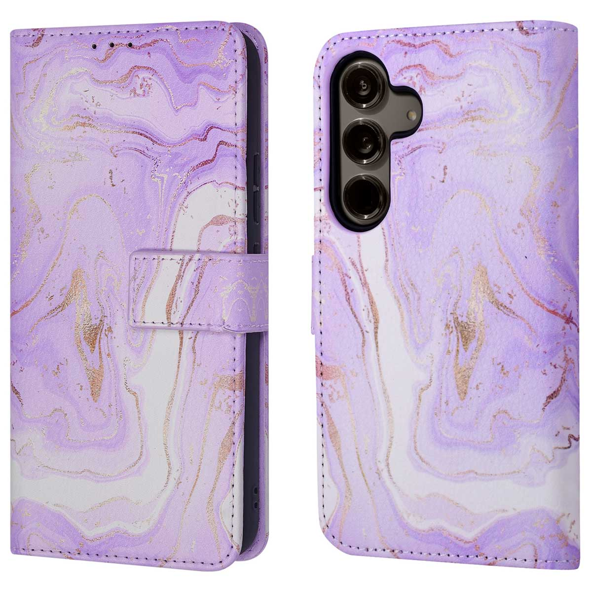 Paarse telefoonhoes met marmerdesign. Hij is gesloten en klaar voor gebruik.