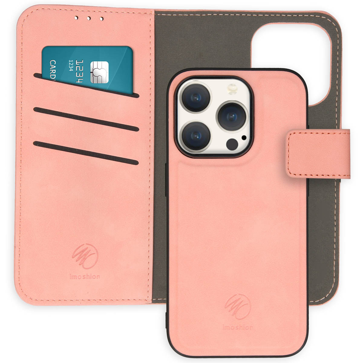 Coque de téléphone rose avec fentes pour cartes, tenant un téléphone avec une coque rose et une carte.