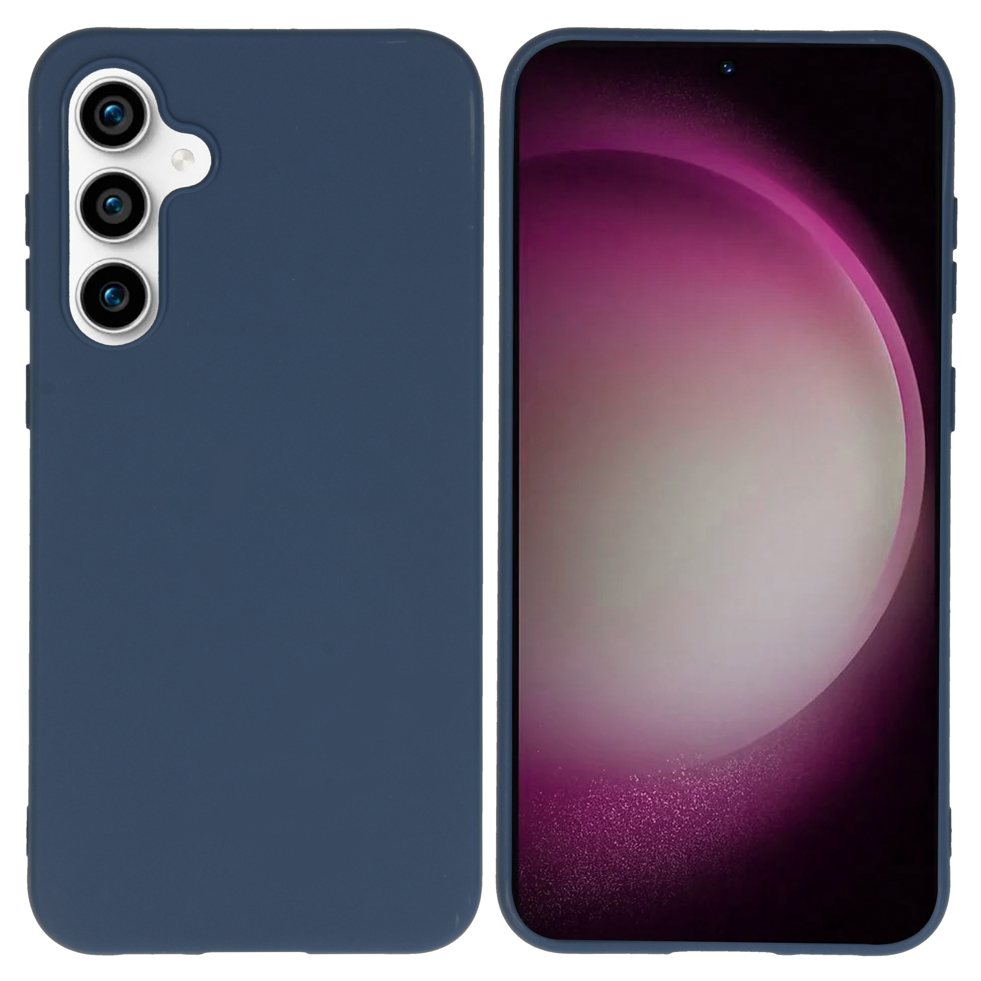 Blauwe telefoonhoes. Telefoon rechts. Roze en zwarte achtergrond.