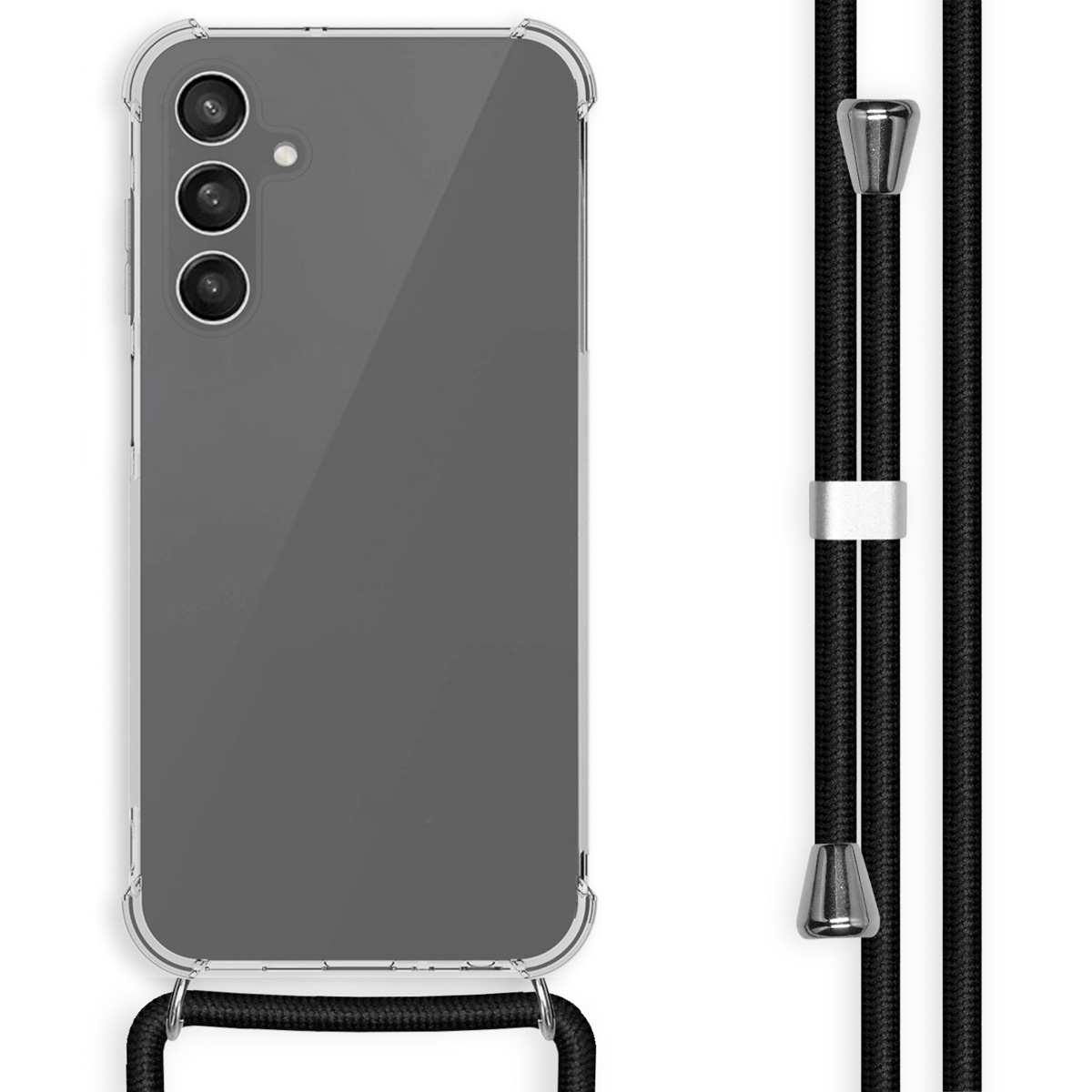 Coque de téléphone transparente avec un cordon noir. Le téléphone est à l'intérieur.