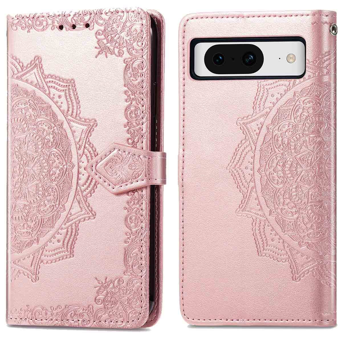 Roze telefoonhoes met mandala-ontwerp, open. Binnenin zie je de telefoon.