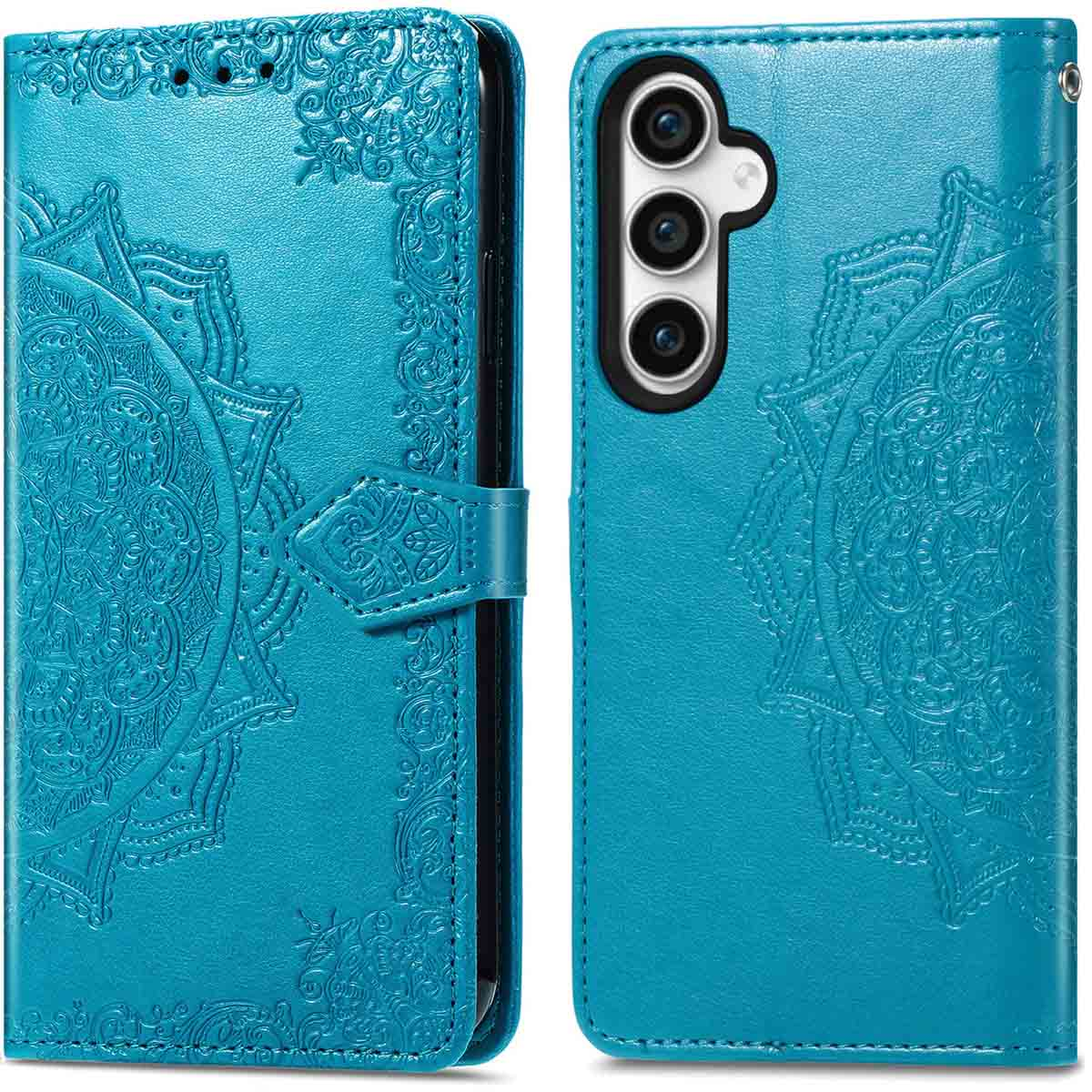 Blauwe telefoonhoes met een mandala-ontwerp, open. Tekst: Goede functies.