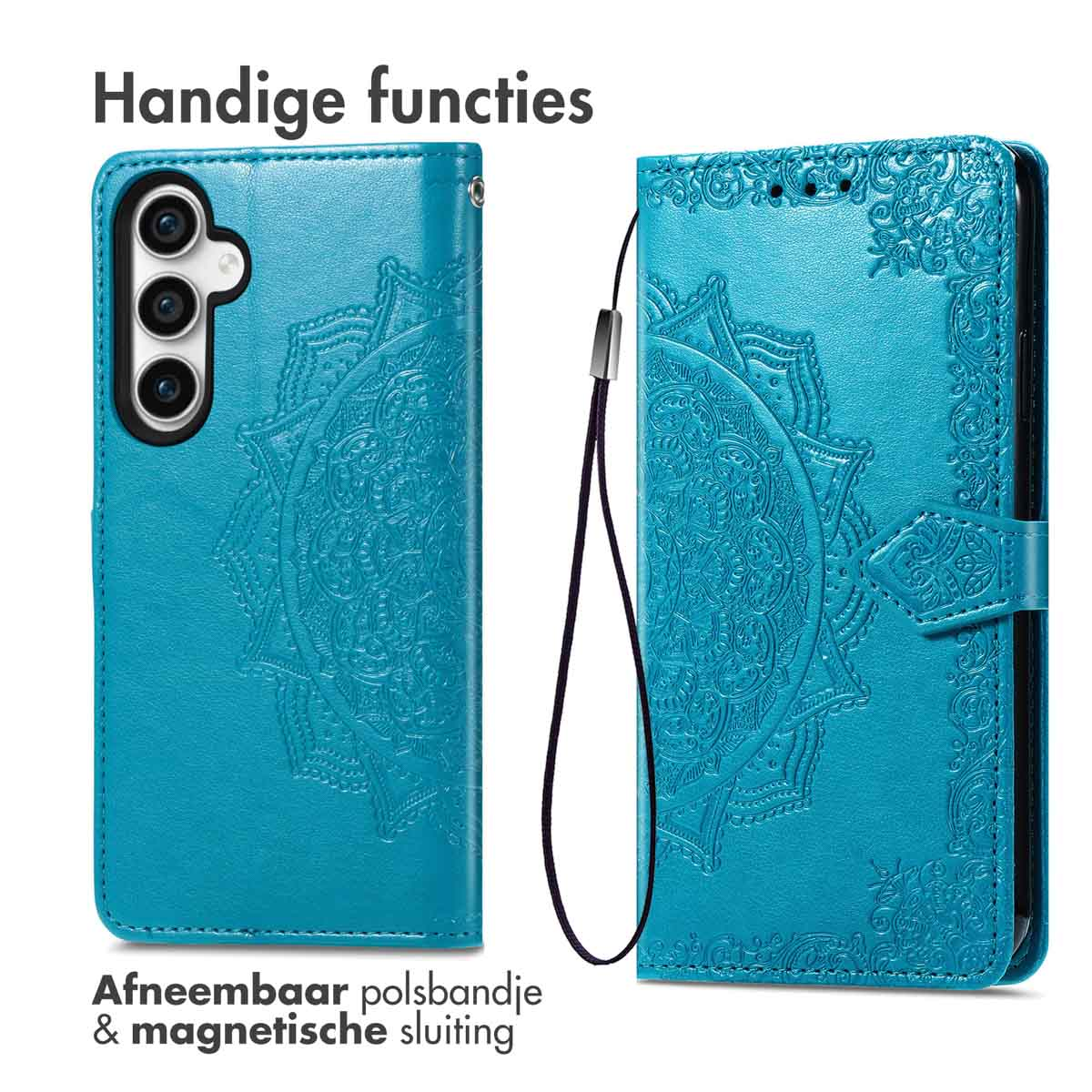 Blauw telefoonhoesje met mandala-ontwerp, met een bandje. Achtergrond: wit.