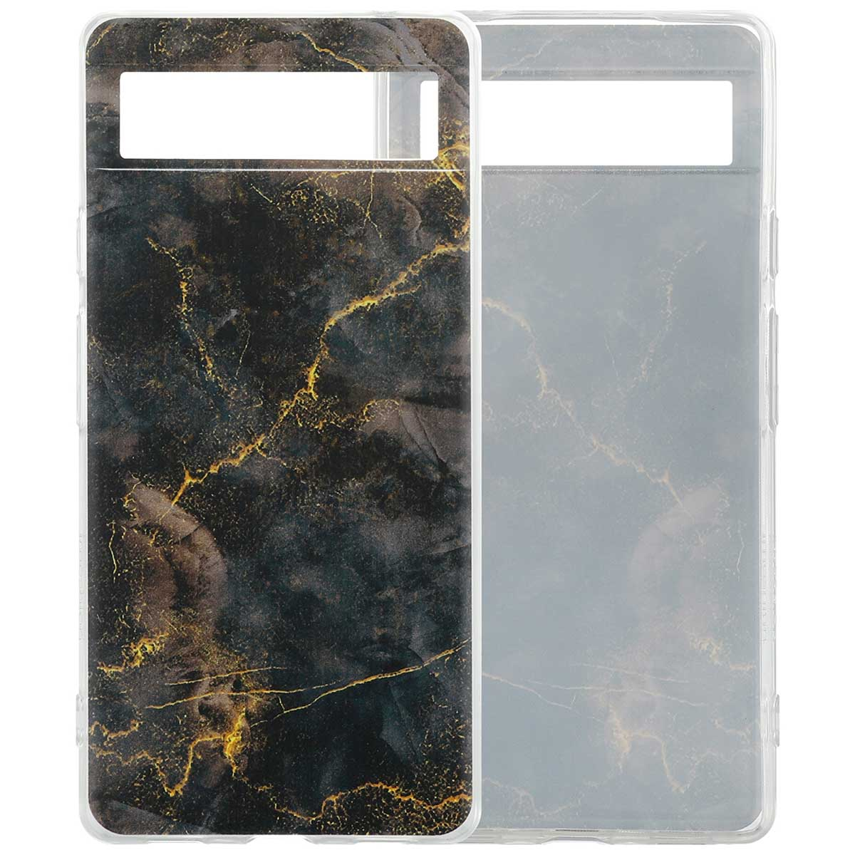 Telefoonhoesje met zwart en goud marmerpatroon. Achtergrond: wit.