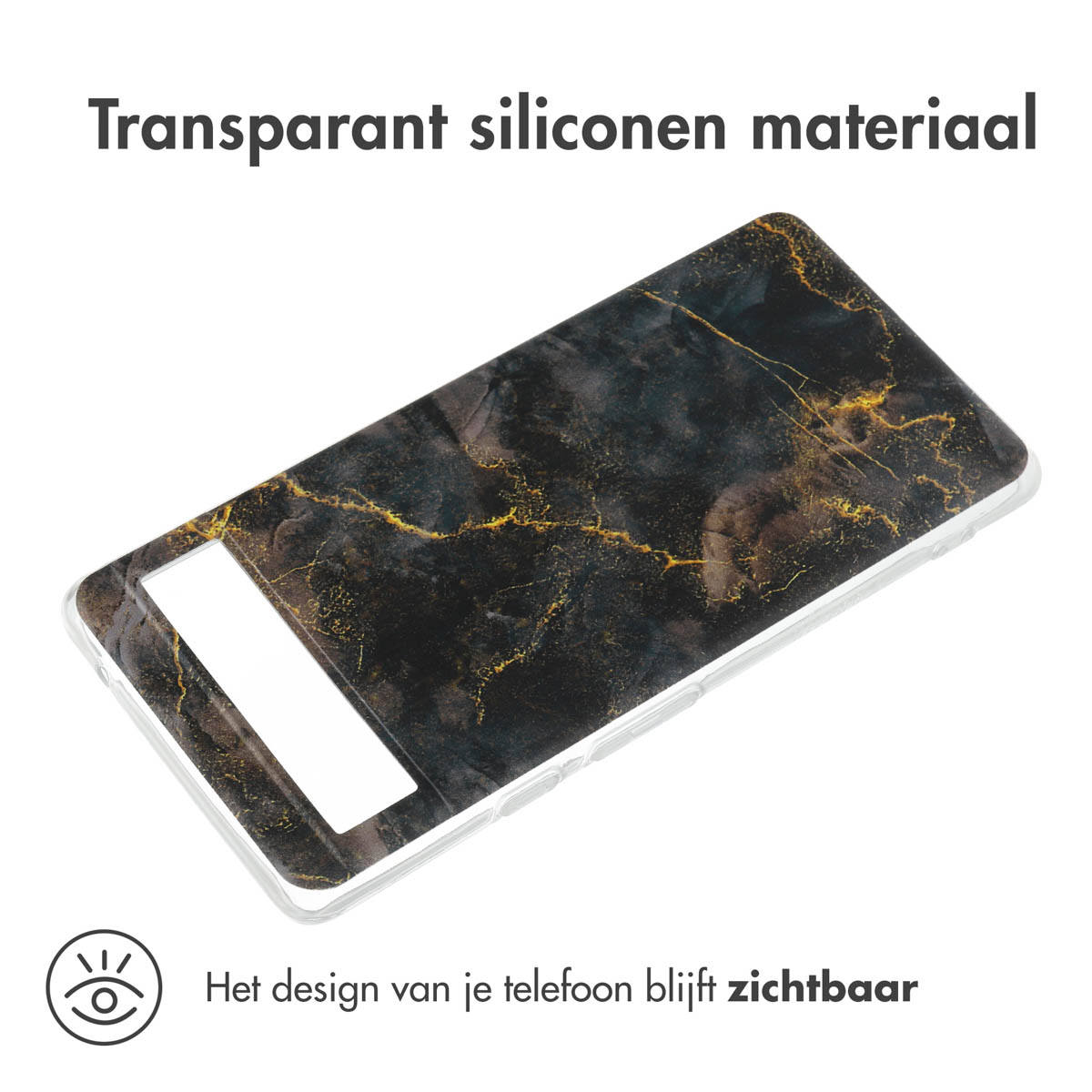 Transparant telefoonhoesje met een zwart en goud marmer ontwerp.