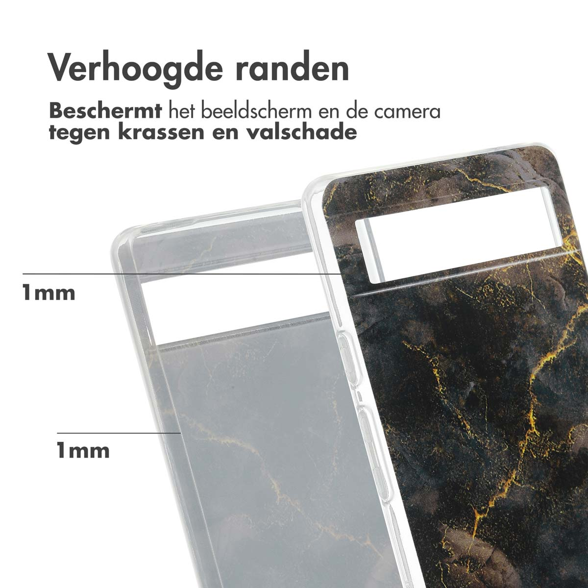 Transparante telefoonhoes met een telefoon. Marmerpatroon. Verhoogde randen. Tekst: 1mm. Beschermt het scherm en de camera.