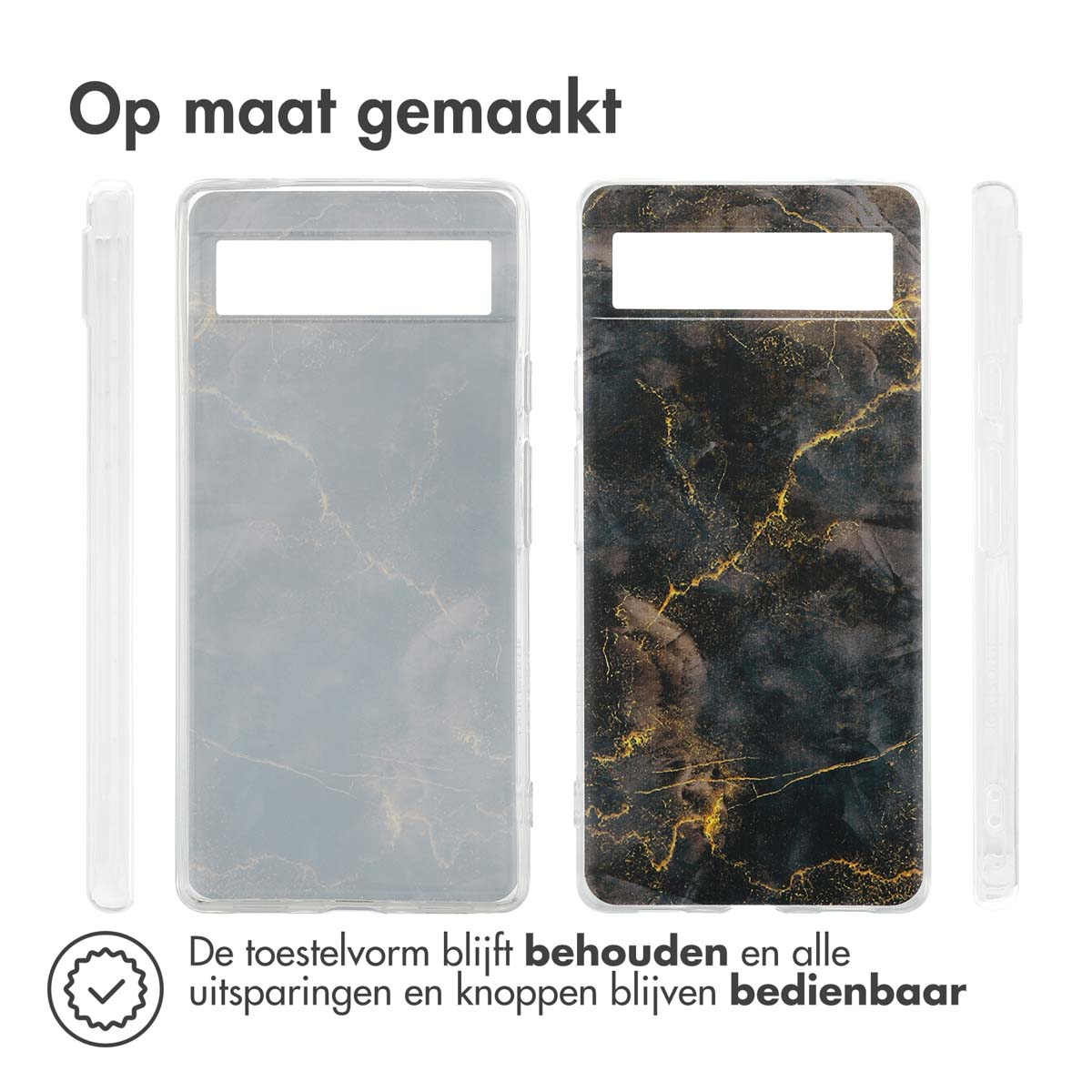 Transparante telefoonhoesjes met een marmerontwerp met gouden aderen. Het ontwerp zit aan de achterkant.
