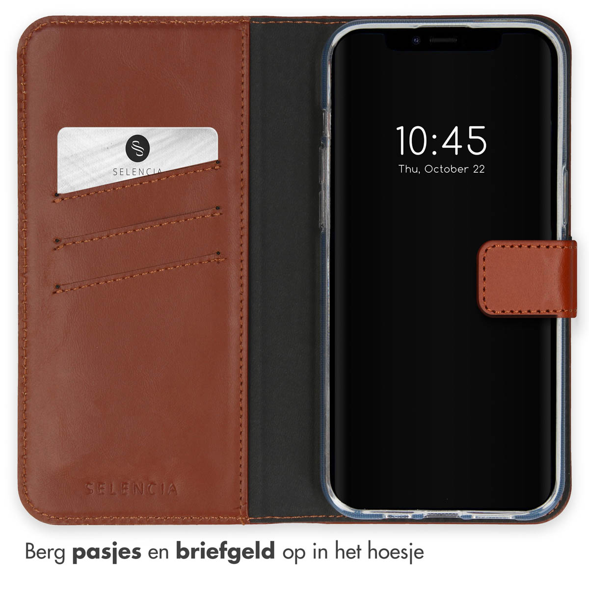 Brown leather wallet phone case open, showing phone and card slots.