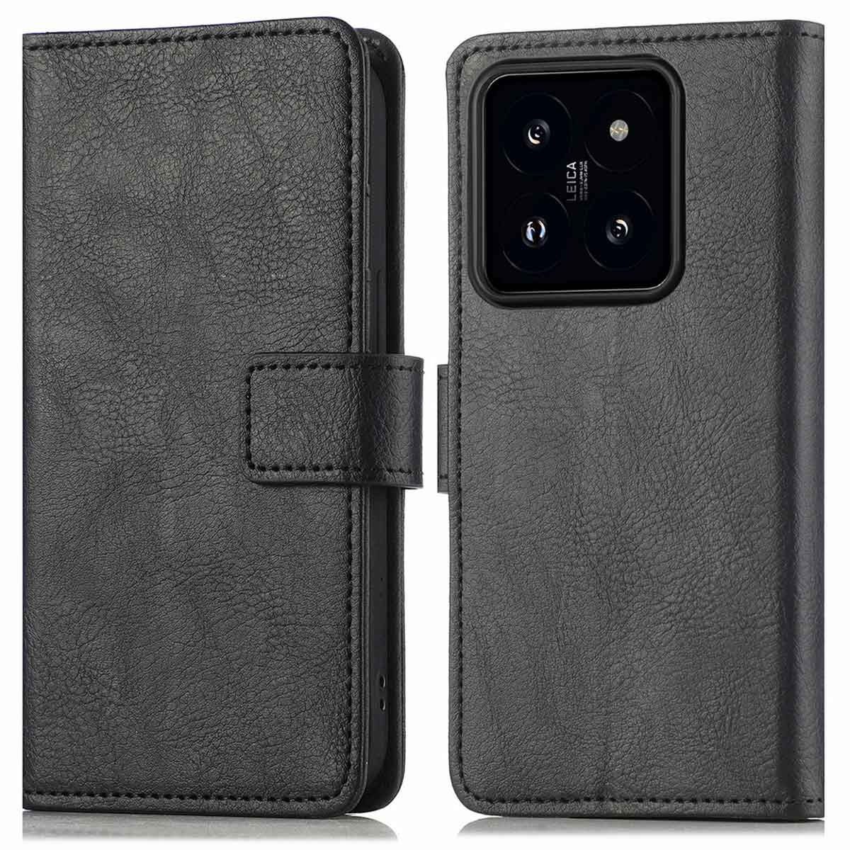 Étui en cuir noir, ouvert, avec téléphone à l'intérieur. Appareil photo Leica visible à droite.