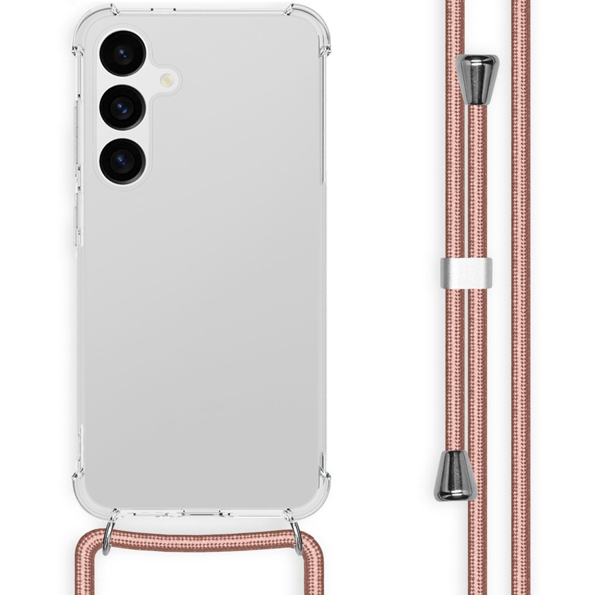 Transparante telefoonhoes met roze touw. Telefoon aan de linkerkant.