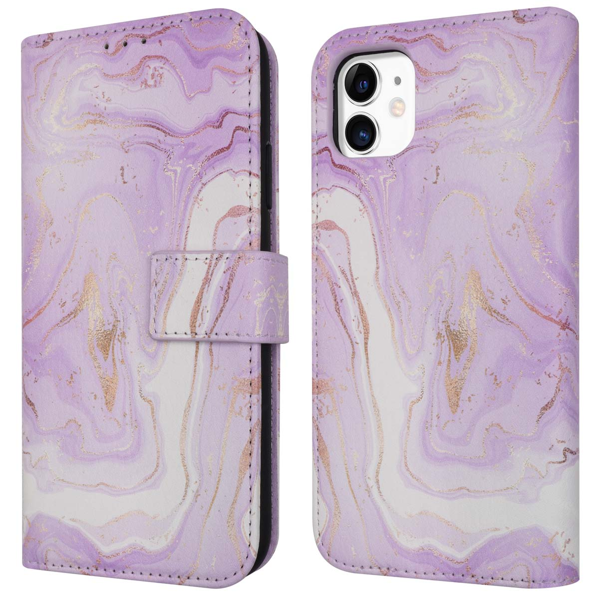 Coque de téléphone en marbre violet, ouverte et fermée. Fermoir magnétique.
