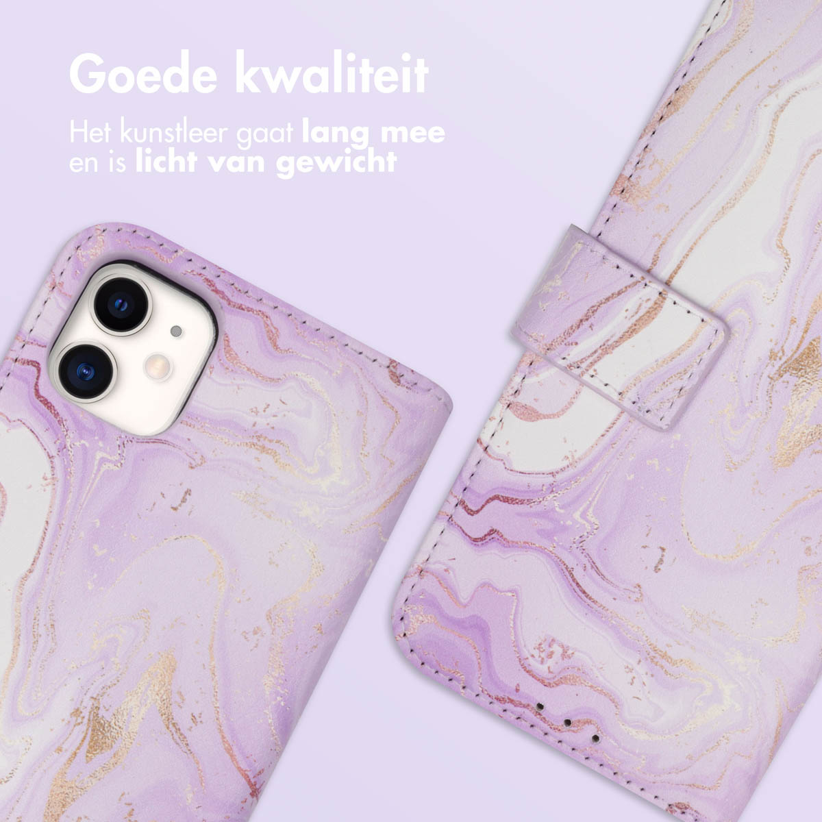 Coque de téléphone avec un design en marbre violet. Bonne qualité. Léger. Texte : bonne qualité. Le similicuir dure longtemps.