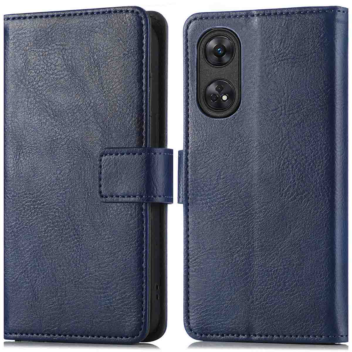 Coque de téléphone bleu marine avec une texture cuir. Avec un bouton et la caméra du téléphone est visible.