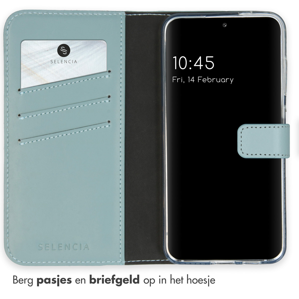 Blauwe telefoonhoes, open, met creditcardvakken en een telefoon met tijd/datum.