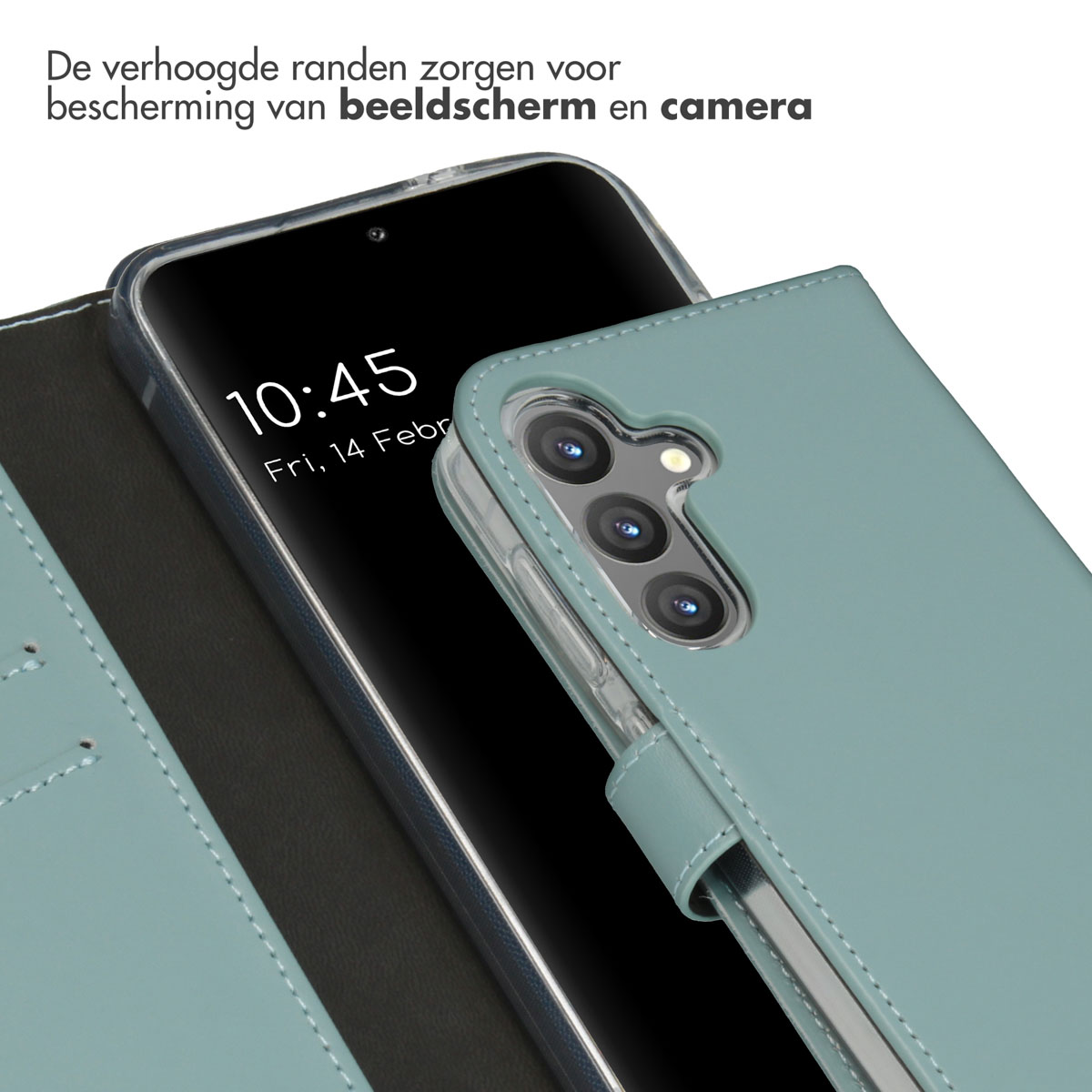 Close-up van een telefoon in een turquoise hoes, met het scherm met tijd en datum.