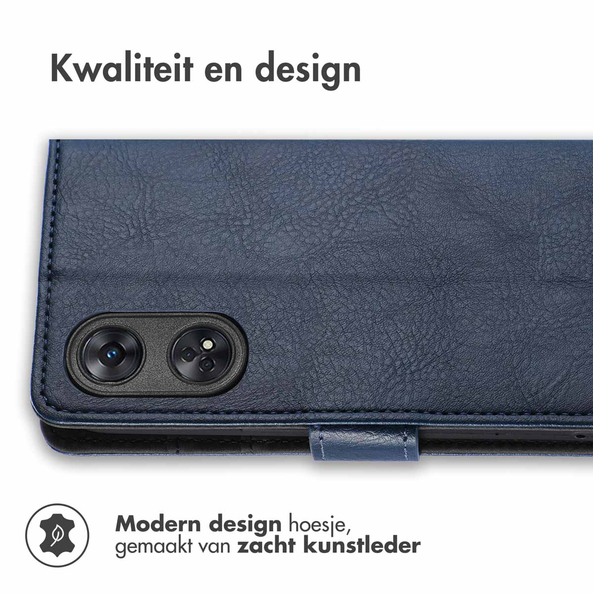 Coque de téléphone bleue avec une texture cuir, fermée. Le téléphone est à l'intérieur.