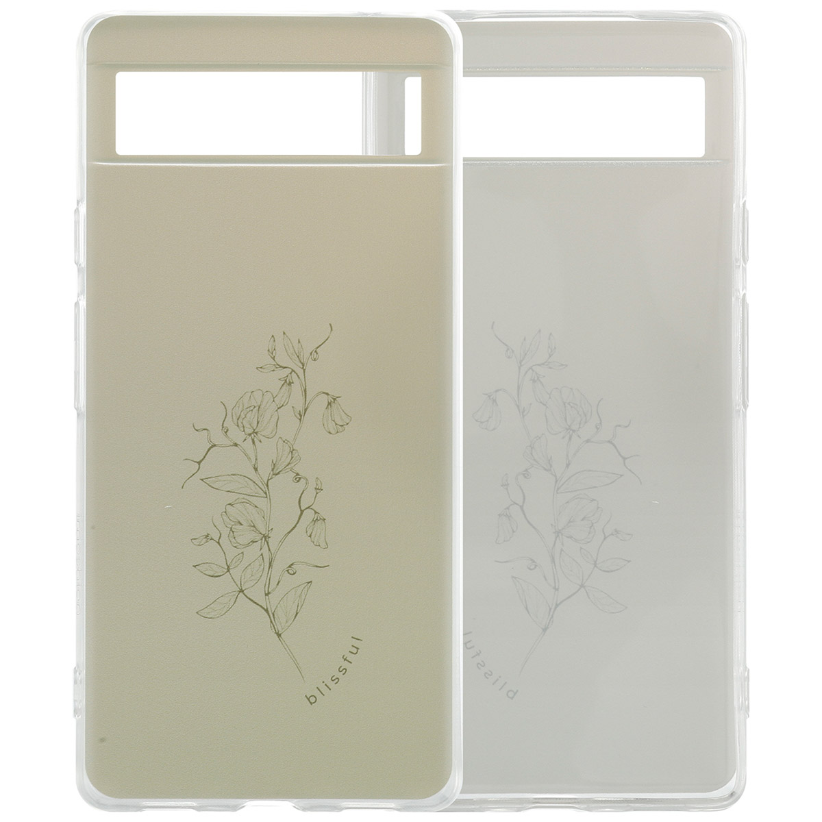 Twee telefoonhoesjes, één beige en één transparant, met een bloemenontwerp.