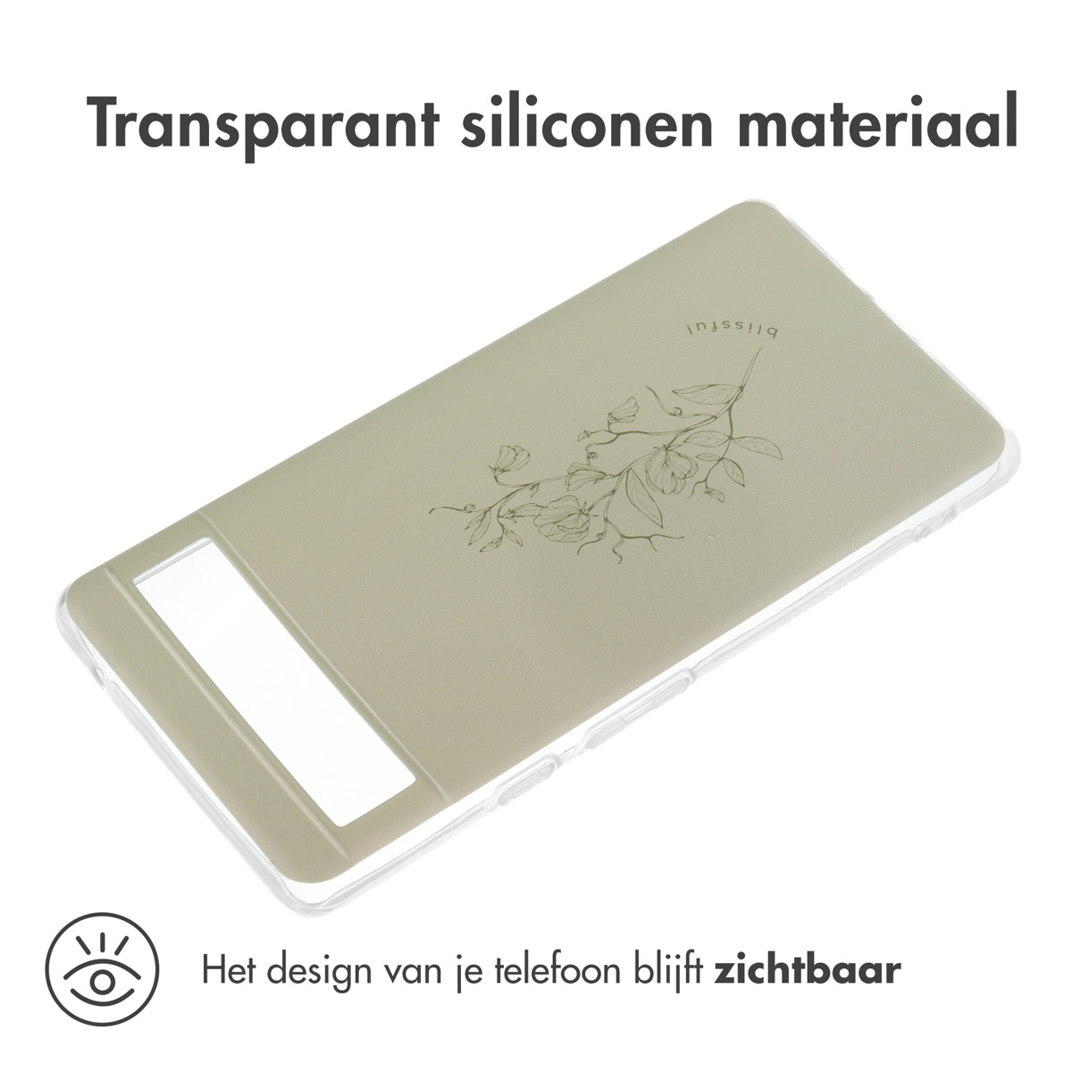 Transparante telefoonhoes met een ontwerp. Telefoon in de hoes. Witte achtergrond.