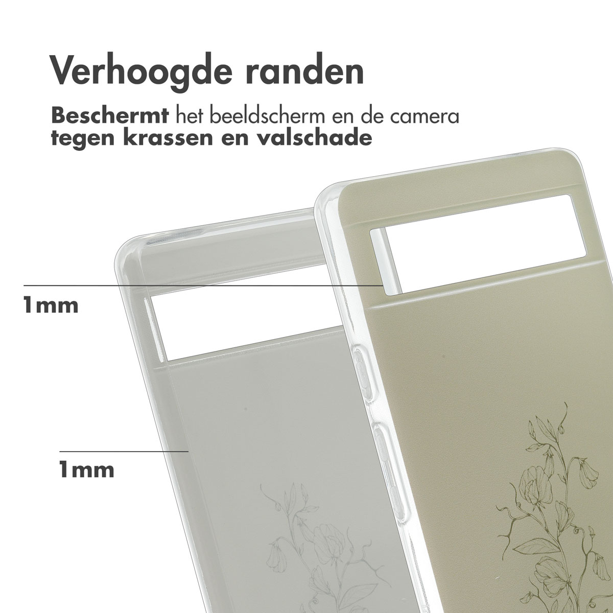 Twee doorzichtige telefoonhoesjes. Eén hoesje heeft een bloemendesign, met tekst, en de andere is leeg.