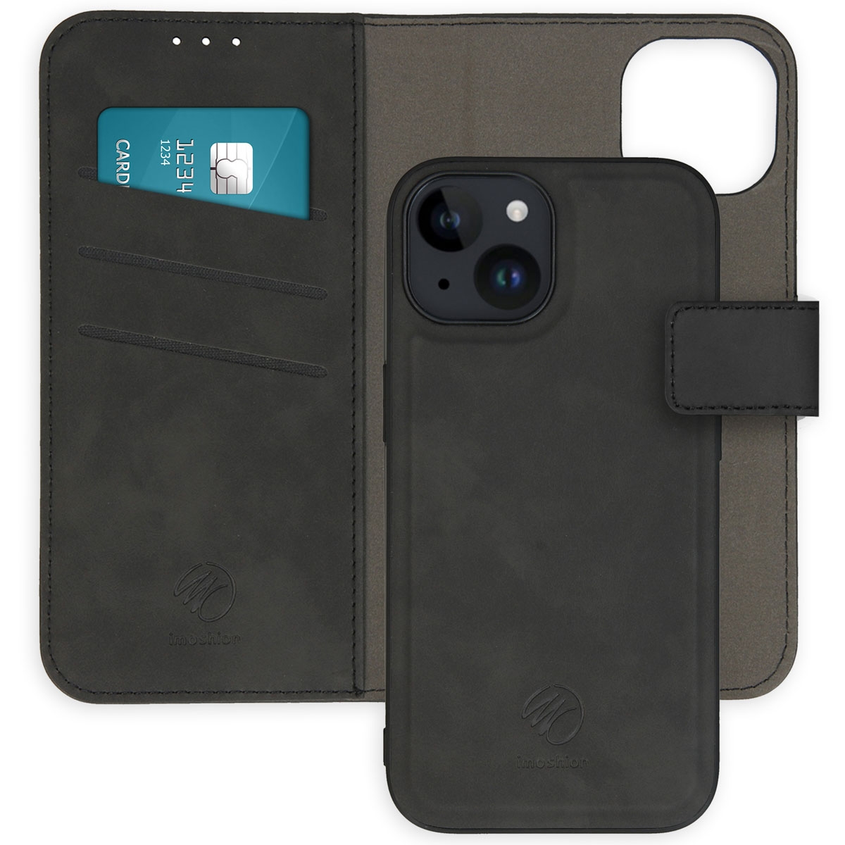 Black phone case open to show a card and the phone. The case has a card slot and a magnetic closure.