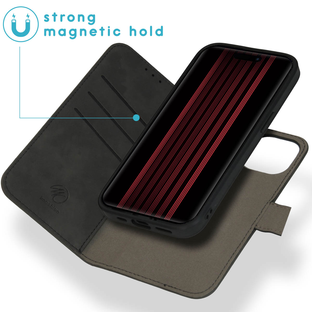A closed black phone case with a phone inside, showing a strong magnetic hold.