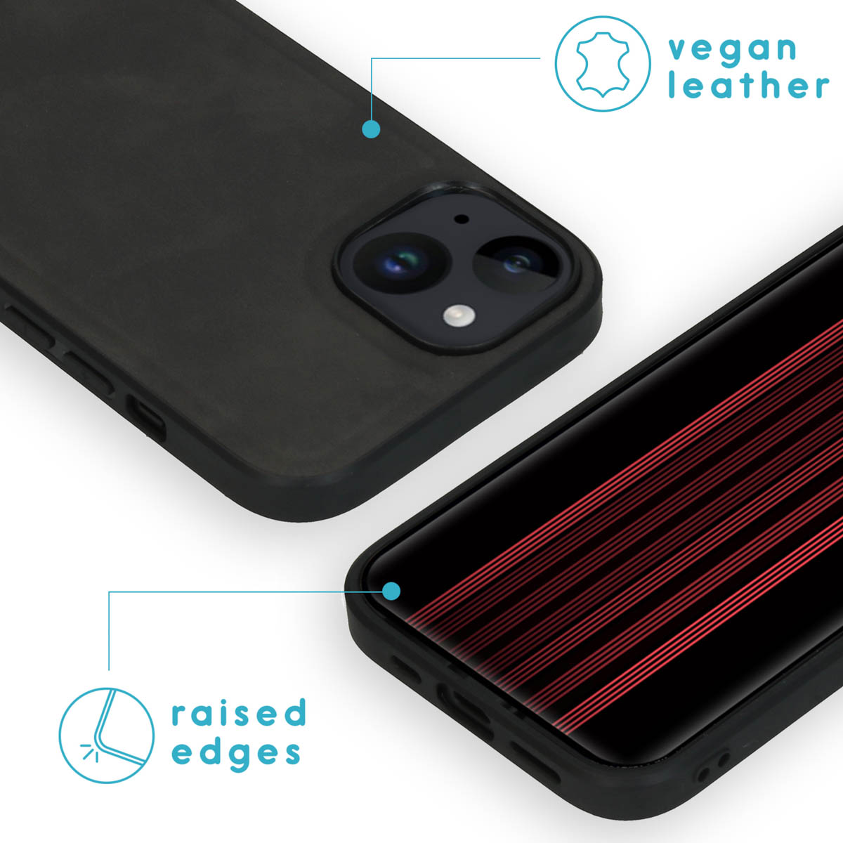 A close up of a black phone case, with raised edges and a phone inside. Vegan leather is mentioned.