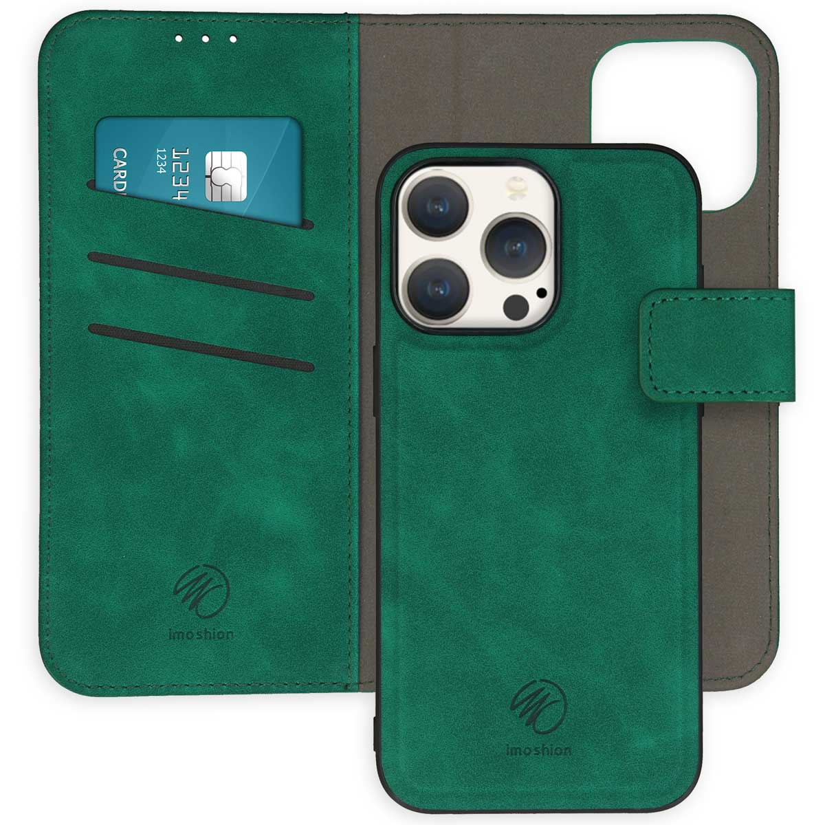 Coque de téléphone verte avec fente pour carte. Téléphone avec plusieurs caméras.