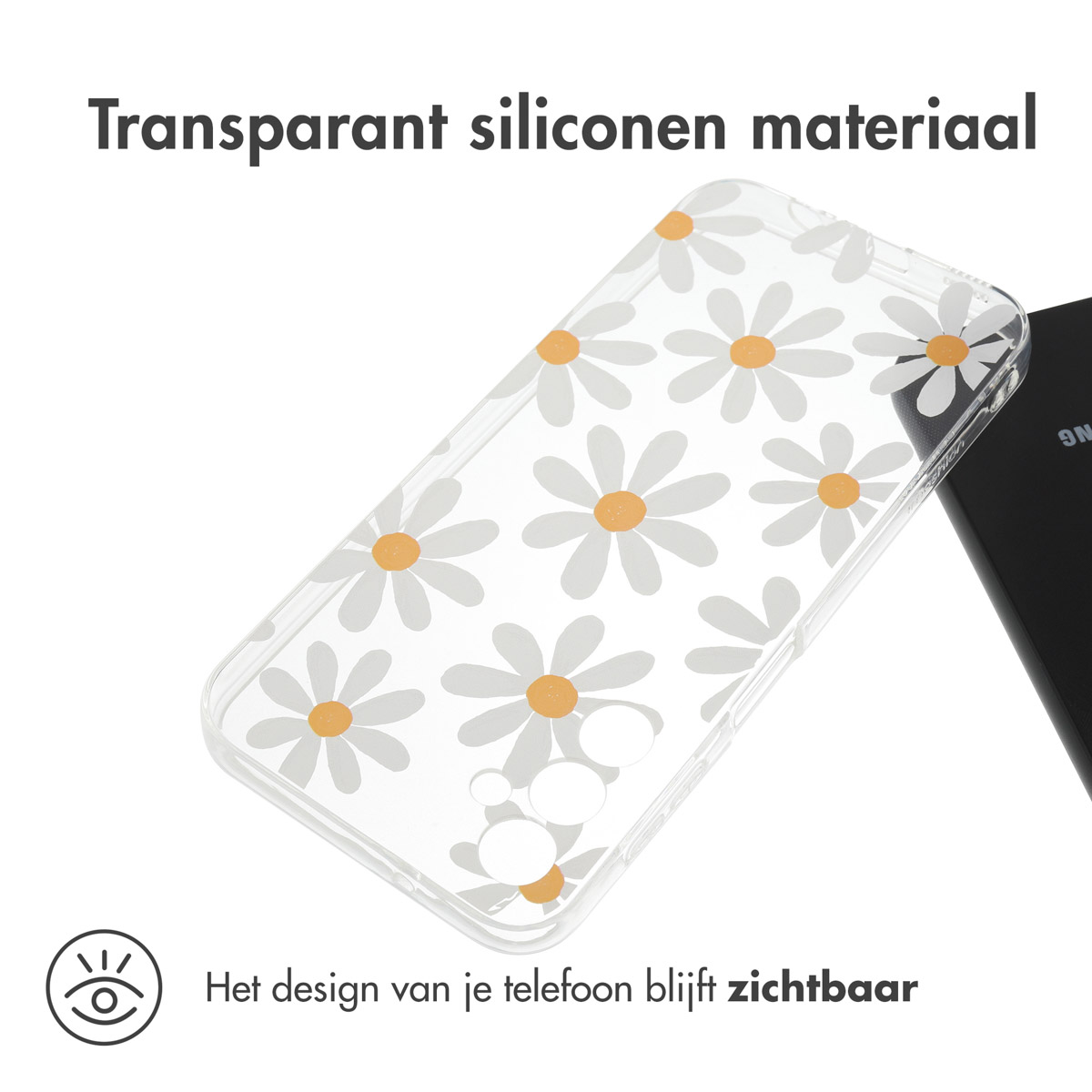 Transparant telefoonhoesje met wit madeliefpatroon, op een telefoon, ontwerp zichtbaar.
