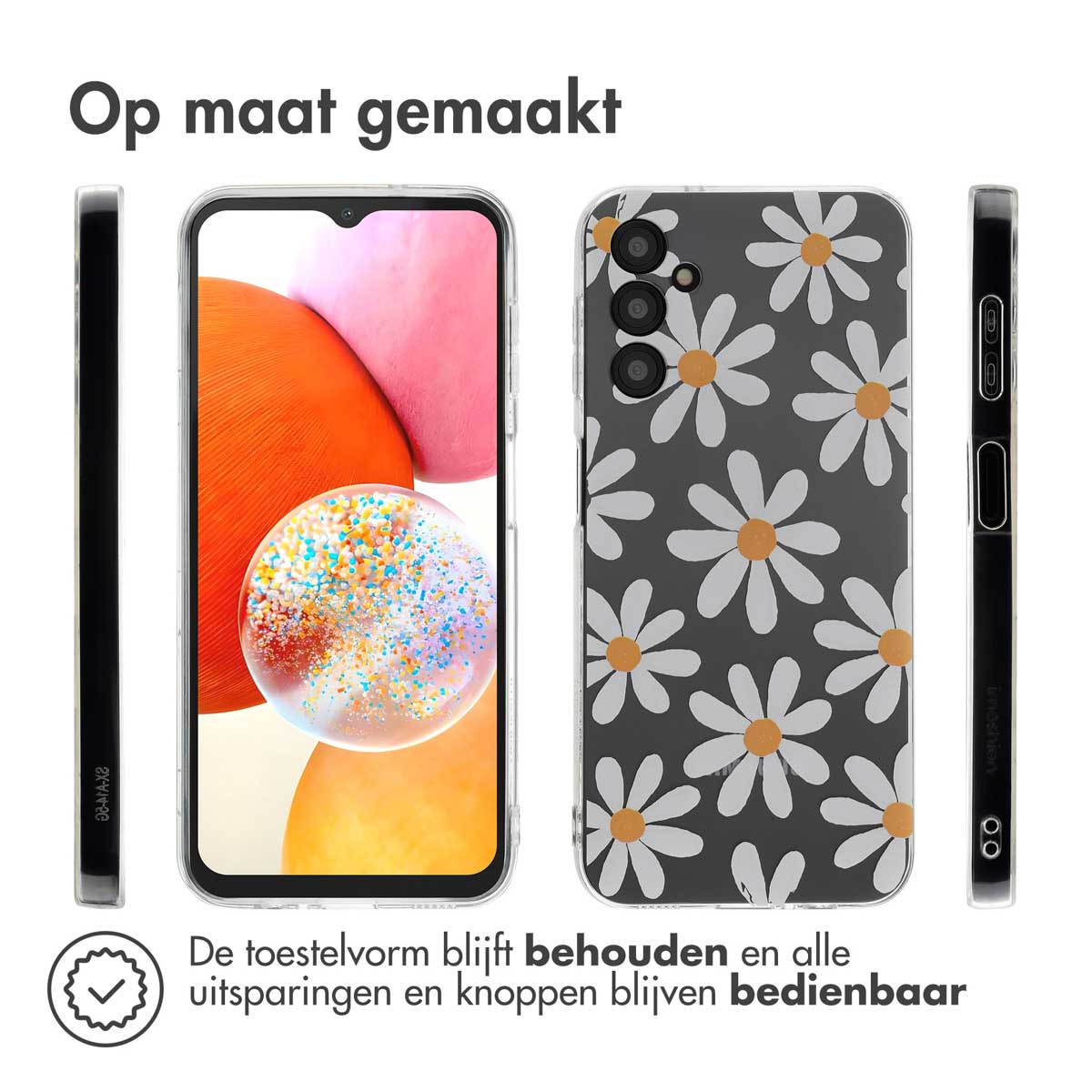 Telefoonhoesje met wit bloemmotief en een telefoon.