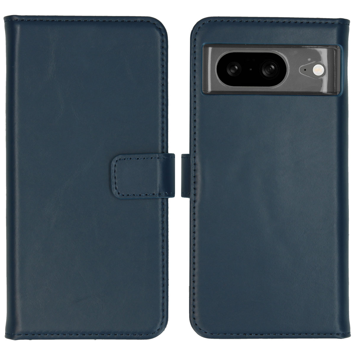 Un étui de téléphone bleu marine est présenté ouvert. Le côté droit a le téléphone attaché et l'arrière.