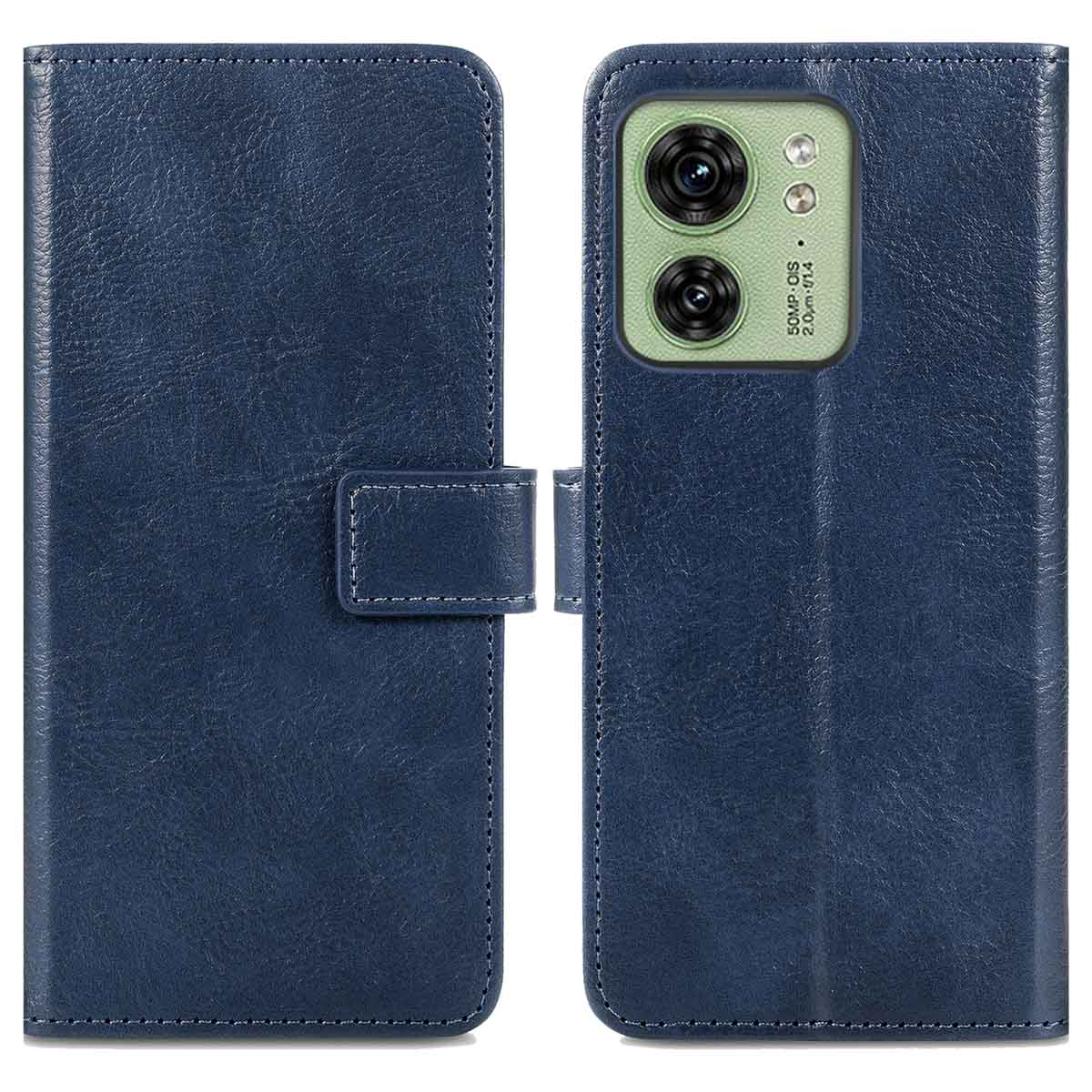 Blauw leren telefoonportemonnee, open. Telefoon rechts.
