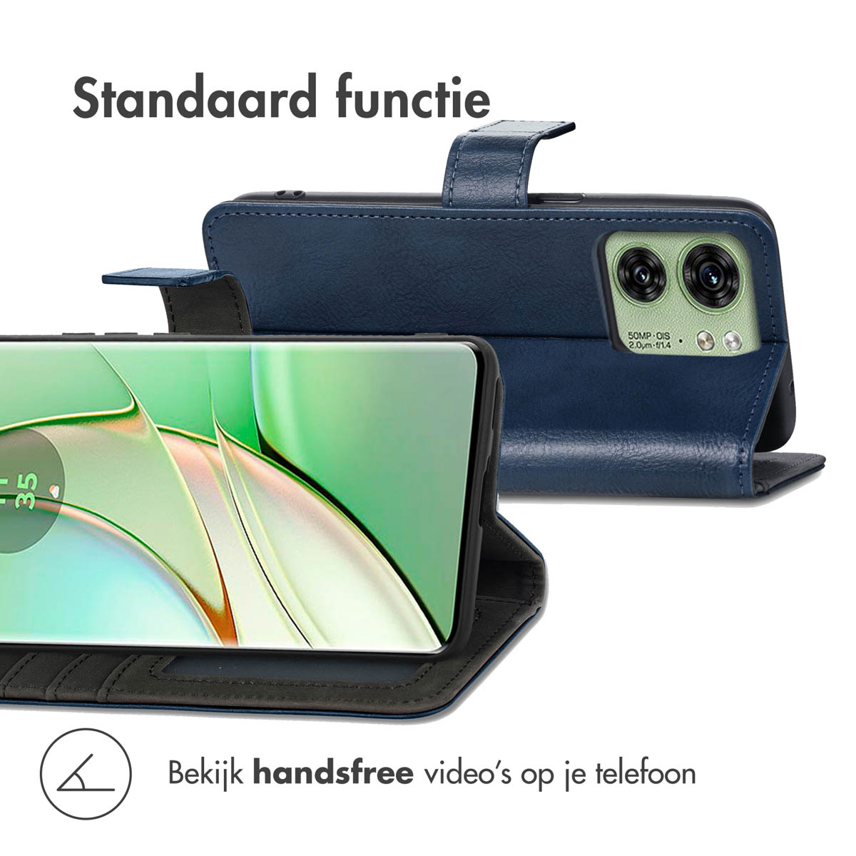 Telefoonhoesje, donkerblauw, telefoon erin. Tekst: Standaard functie. Bekijk handsfree video's op je telefoon.