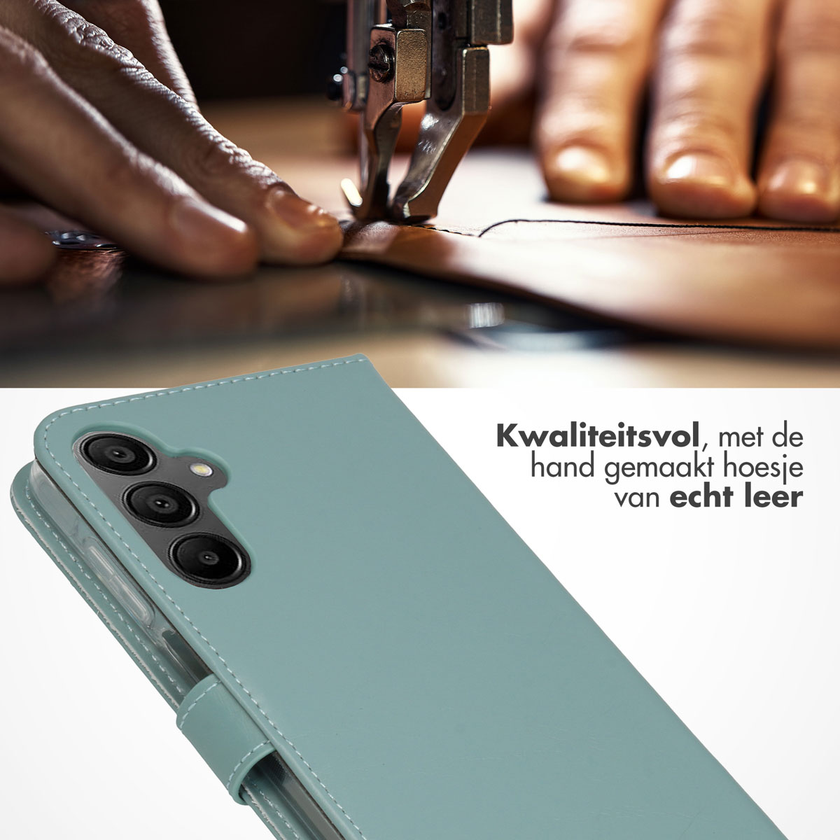 Mains cousant du cuir. Étui de téléphone en cuir turquoise. Texte sur la qualité et le cuir véritable fait main.
