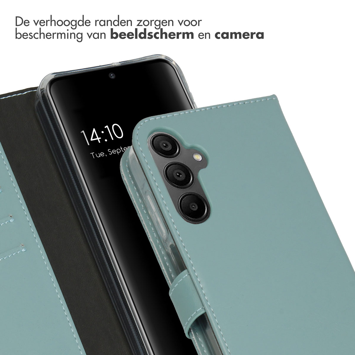 Coque verte, montrant l'écran et la caméra, avec l'heure et la date à l'écran.