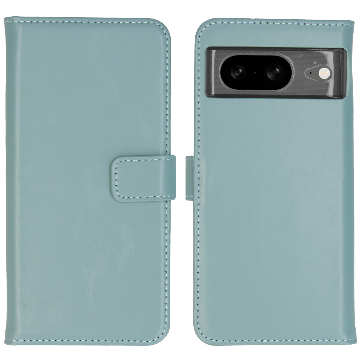 Coque de téléphone bleue avec un téléphone. Le téléphone a une caméra. Fond blanc.