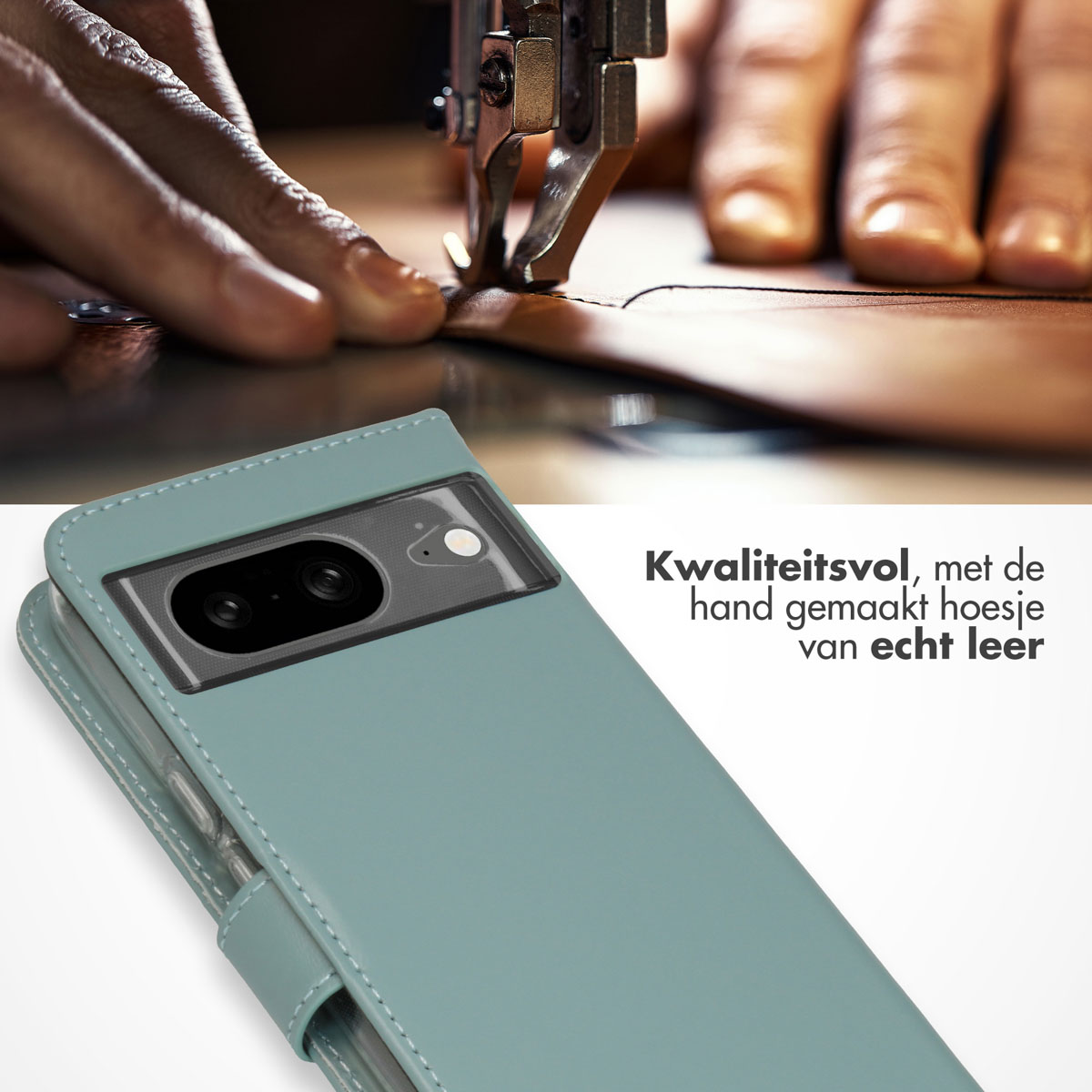 Un étui bleu avec un téléphone, une aiguille de machine à coudre près du cuir.