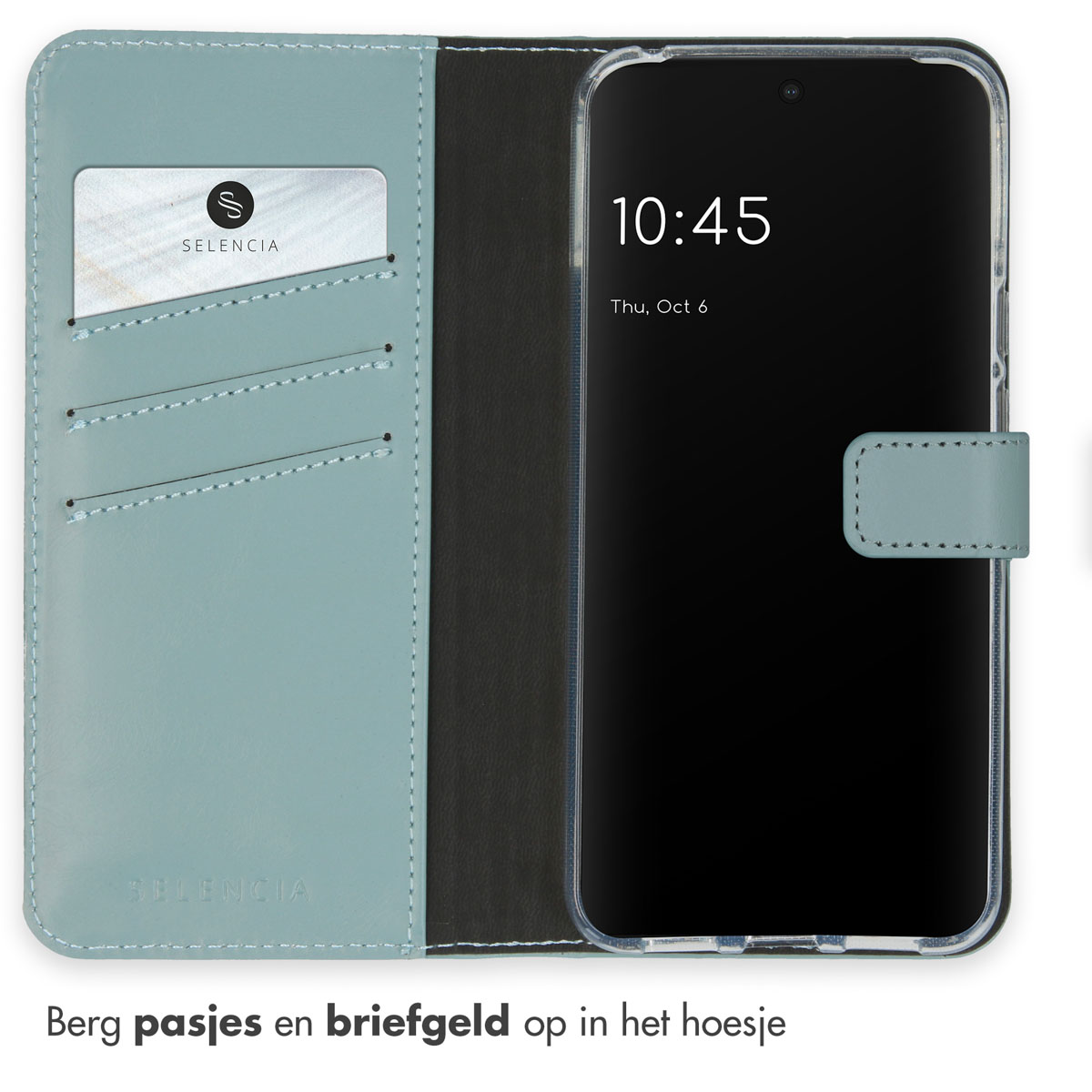 Étui de téléphone turquoise avec fentes pour cartes, affichant l'heure et la date.