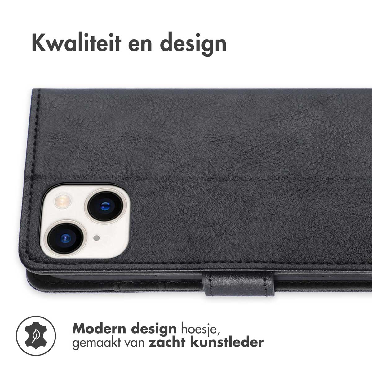 Zwarte telefoonhoes met telefoon. Tekst over kwaliteit en modern design van zacht kunstleer.