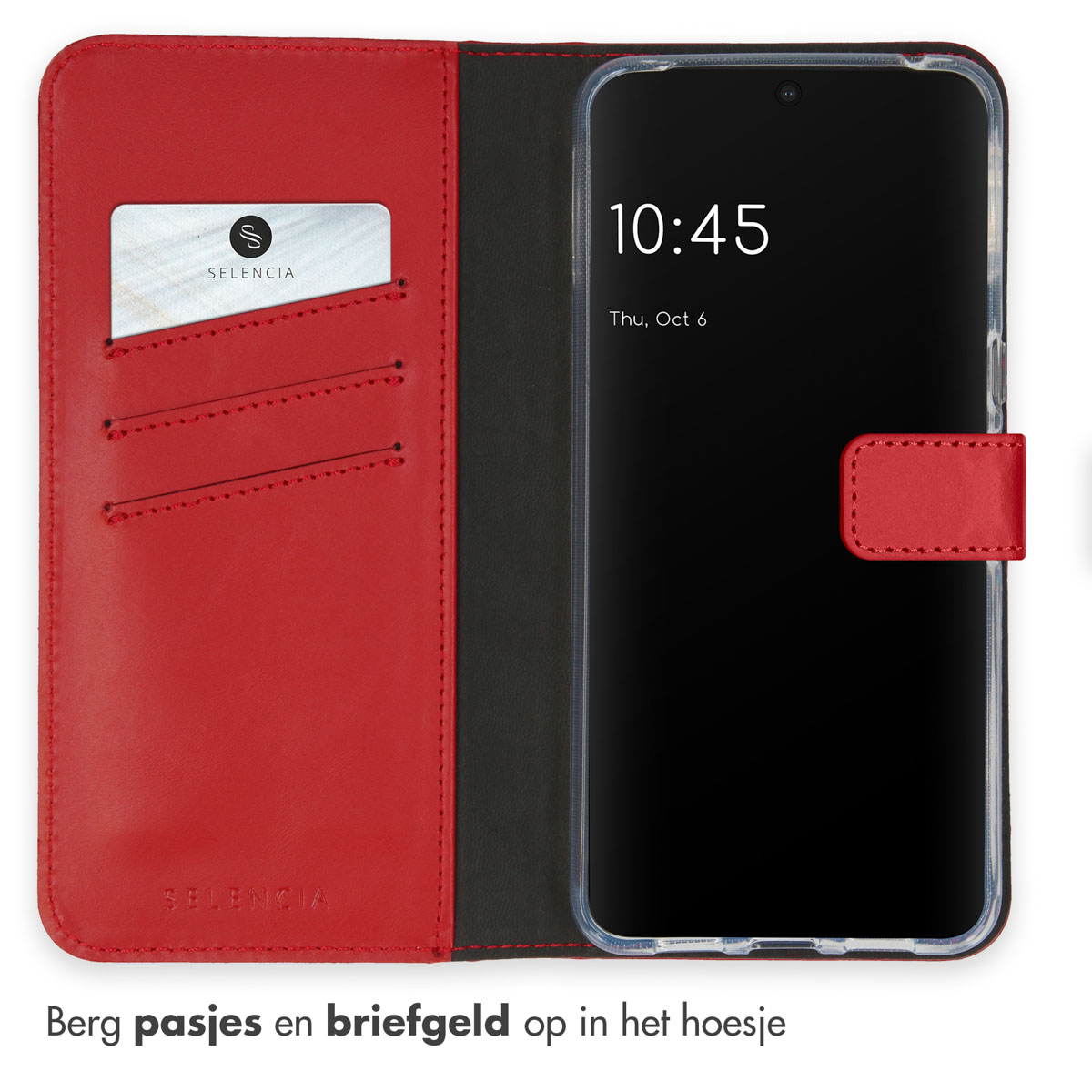 Étui de téléphone rouge ouvert avec intérieur noir. Un téléphone et une carte sont visibles.