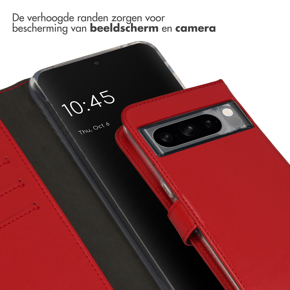 Coque de téléphone rouge avec un téléphone à l'intérieur, montrant l'écran et protégeant l'appareil photo.