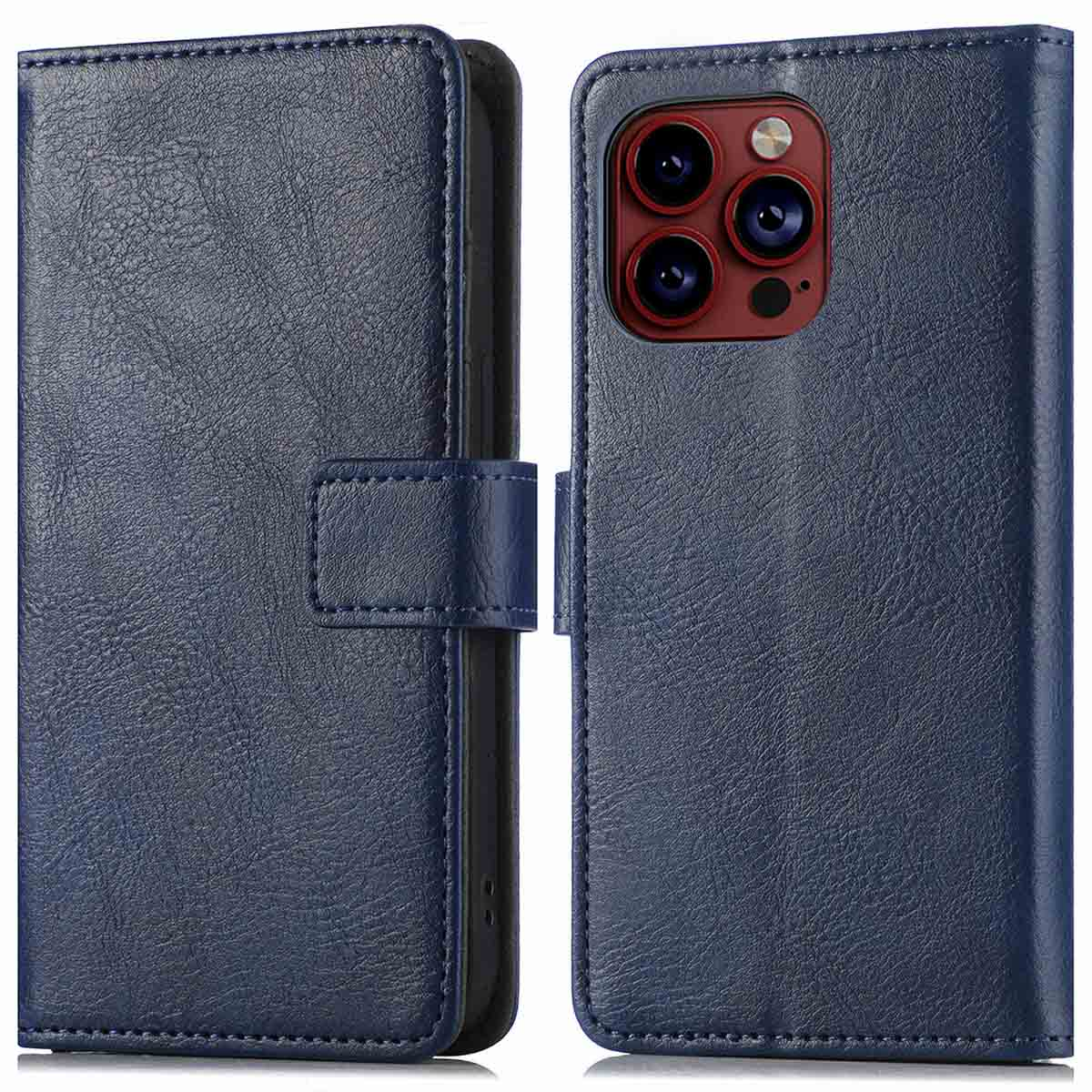 Étui de téléphone en cuir bleu, ouvert et fermé, avec fermeture magnétique.