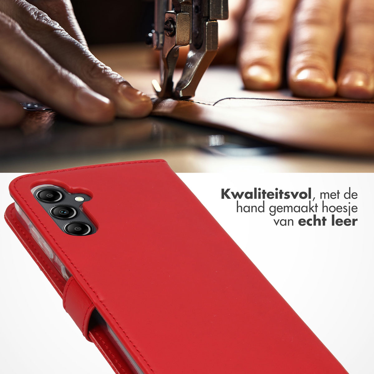 Rode leren telefoonhoes wordt genaaid. Hand met naald en draad.