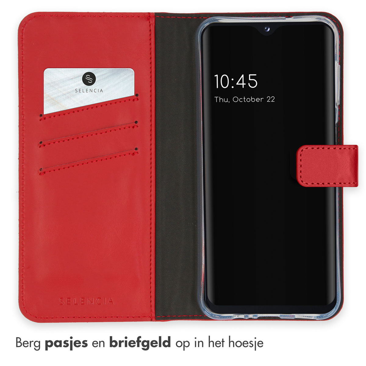Rode telefoonhoes, open, met kaarten en telefoon erin. Tekst: Bewaar passen en contant geld in de hoes.