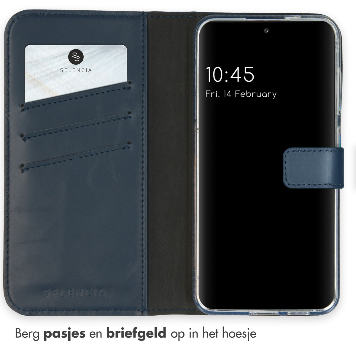 Blauwe portemonnee-hoes met een telefoon en een kaart. De telefoon toont de tijd en datum.
