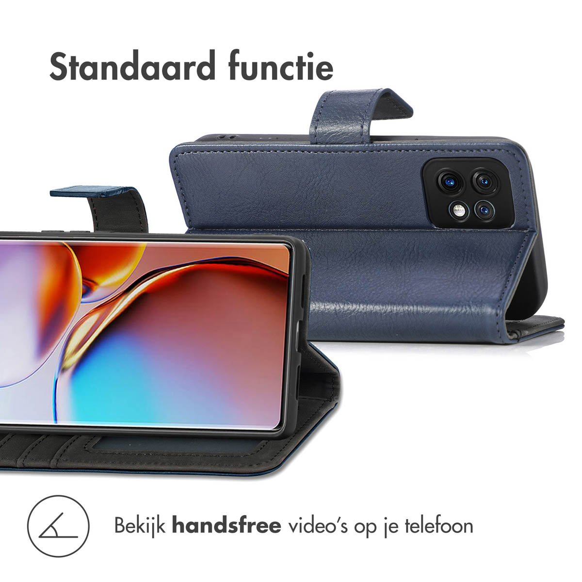 Donkerblauwe telefoonhoes, met zichtbaar telefoonscherm en geopende standfunctie.