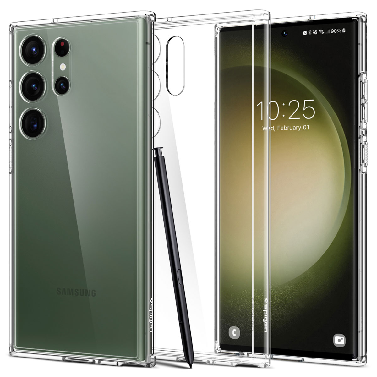 Eine durchsichtige Handyhülle mit Telefon und Stift.