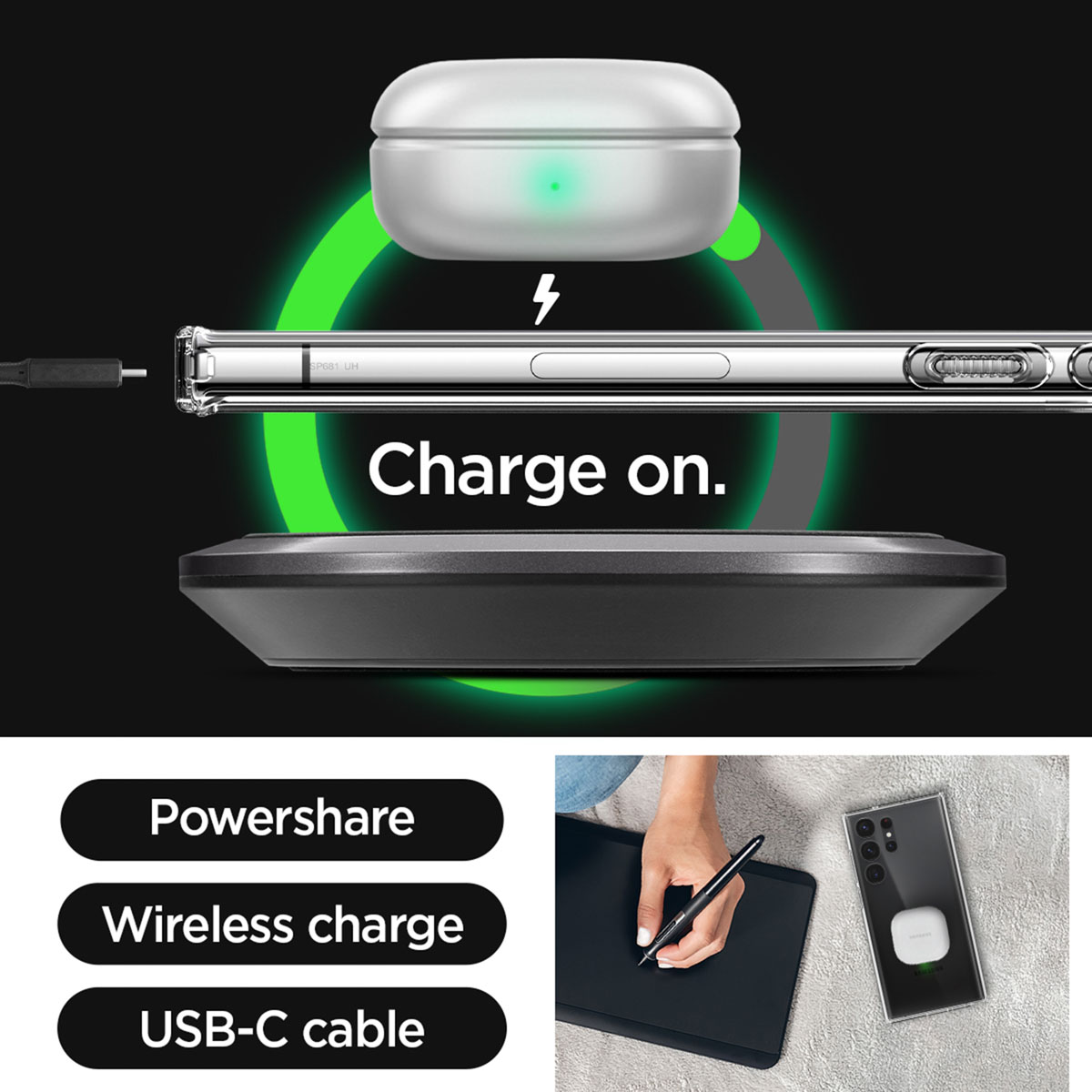 Kabelloses Ladegerät mit Telefon auf Pad und Hülle, mit Text und Symbolen.
