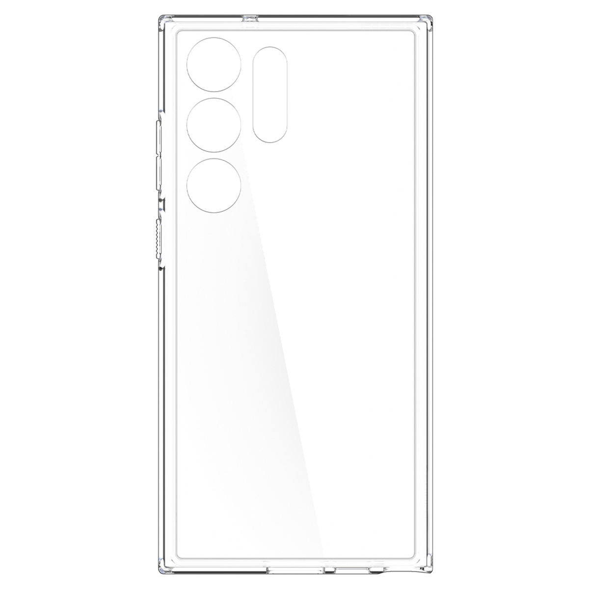 Transparente Handyhülle mit Kameraausschnitten und Seitentasten auf weißem Hintergrund.