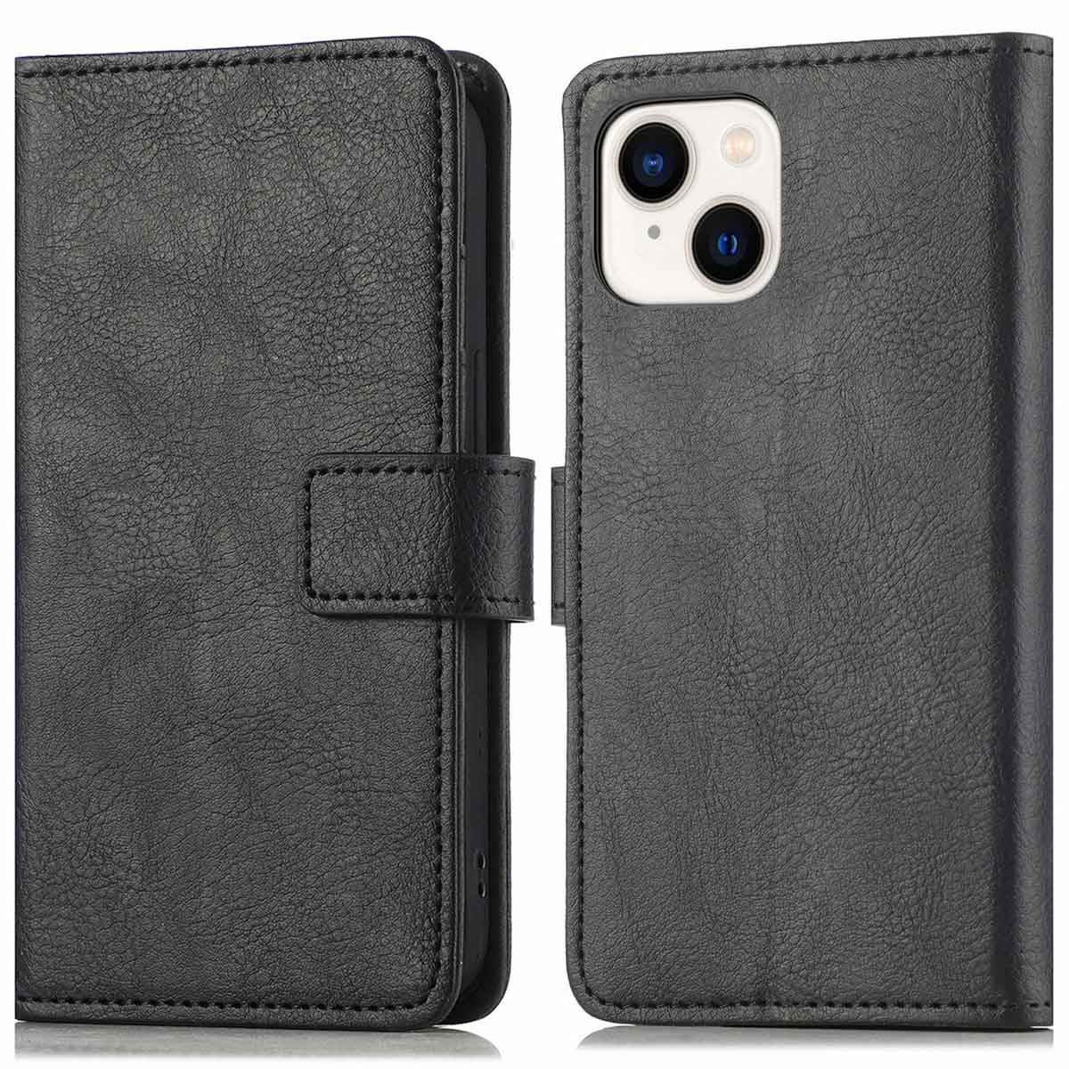 Étui de téléphone en cuir noir, ouvert. Montre le module caméra et l'intérieur ouvert.
